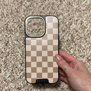 Checkered Beige Phone Case with Gold Trim